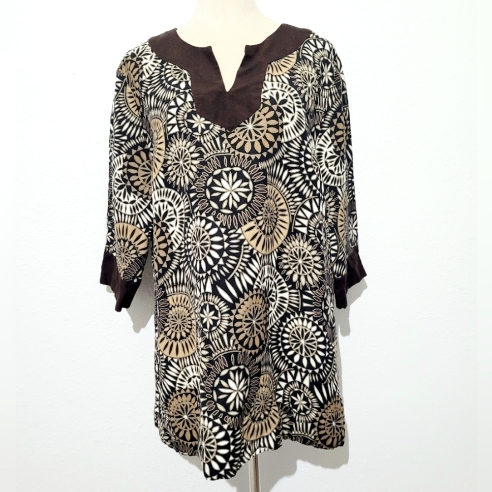 East 5th Women’s XL Tunic Top Brown Beige Black Geometric Print 3/4 Sleeve Linen - Picture 2 of 13